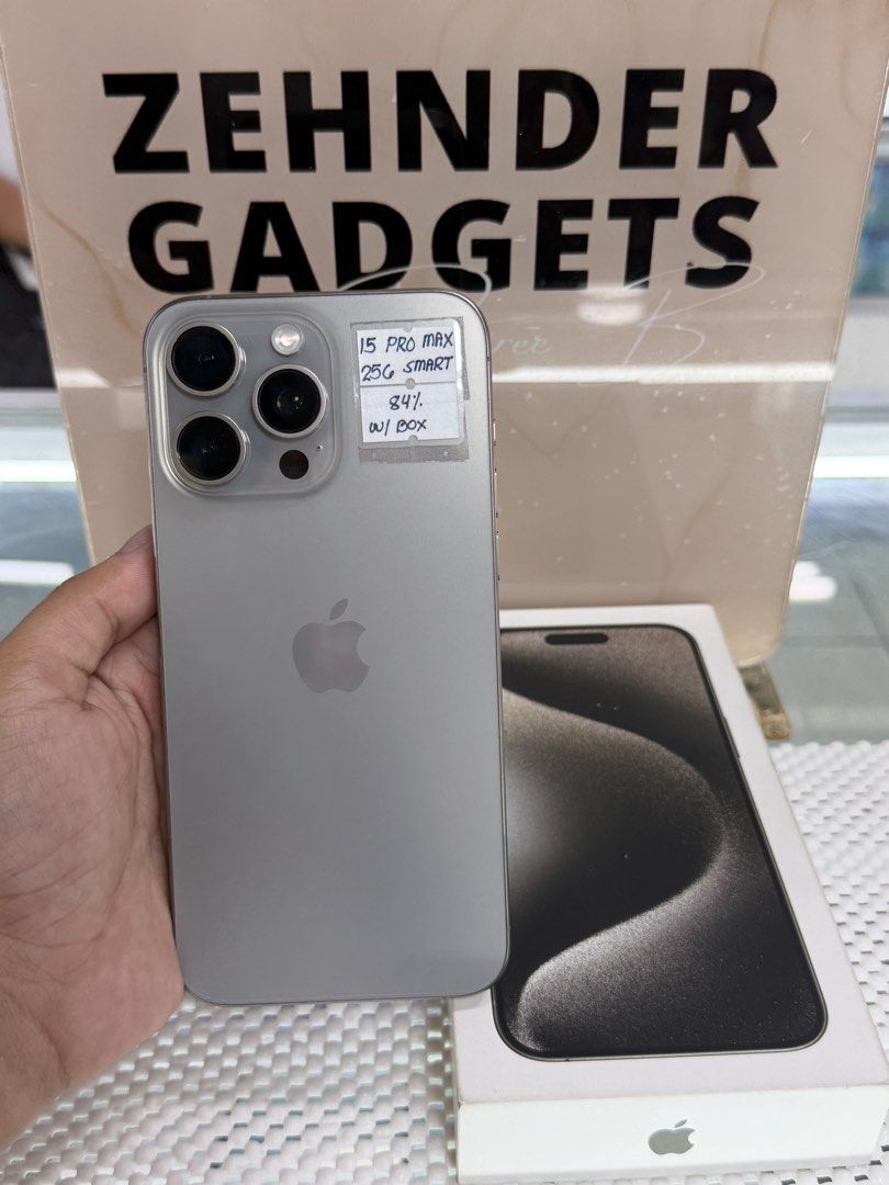 iPhone 15 PRO MAX 256GB SMARTLOCKED (NTC APPROVED) (Category: iPhone 15 Series) located in San Juan City. Submitted by desireebayal96 (Listing ID 1440876285, Image 1). Description: iPhone 15 Pro Max (Natural Titanium) * 256GB * SMARTLOCKED * NTC APPROVED * 84% BH (ORIGINAL CAN CHECK 3UTOOLS) * 97% SMOOTH * NO ISSUE * NO HISTORY OF REPAIR * NO ICLOUD ISSUE * FACE ID & TRUETONE WORKING * WITH BOX SAME SERIAL * WITH TYPE-C CORD OPEN FOR COD SAME DAY