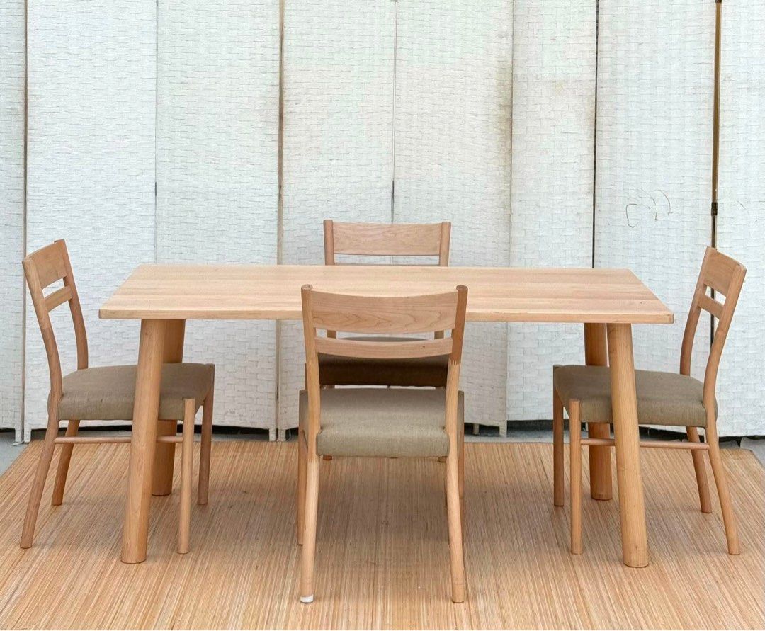 JAPAN SURPLUS 4 SEATER MODERN DESIGN DINING SET IN LIGHT WOOD AND FABRIC CUSHION IN GOOD CONDITION SIZE: 17.5H x 19L x 17W inches 28H x 53L x 31W inches (Category: Tables & Sets) located in Manila. Submitted by macalinoja51489 (Listing ID 1440777308, Image 1). Description: .