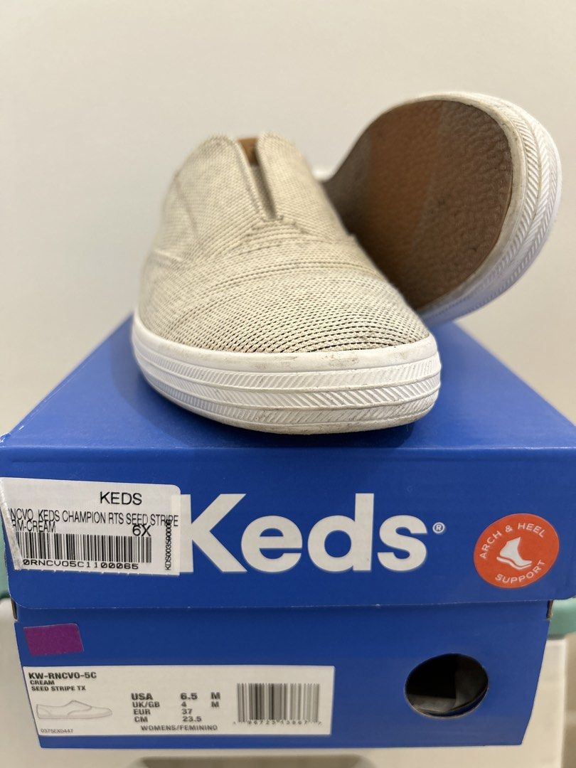 Keds Champion slip-on sneakers (Category: Sneakers) located in Las Pinas. Submitted by alisellsthings (Listing ID 1440807232, Image 3). Description: Keds Champion RTS Slip-on sneakers in cream seed stripe colorway, with Keds Blissarch support. Size Women’s 6.5 (EUR 37 / UK 4 / 23.5cm). Originally bought for ₱3,590. Worn 3x. Clean insoles, minimal wear on the soles. Comes with original box..