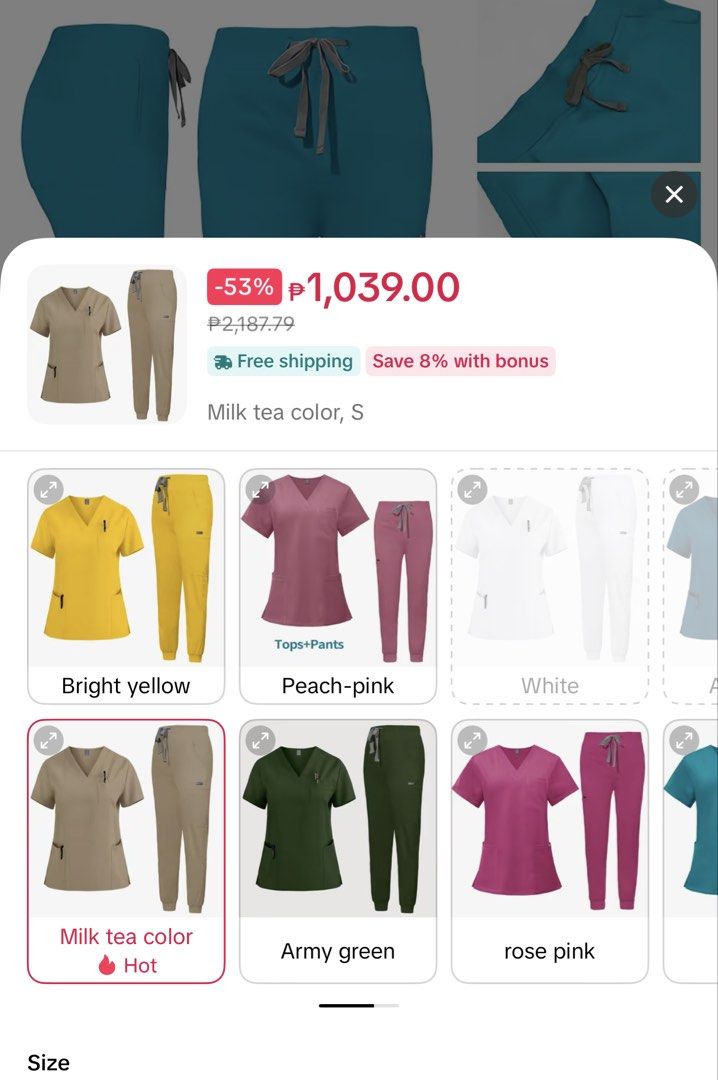 Khaki / Light Brown Medical Scrubsuit (Category: Sets or Coordinates) located in Baguio. Submitted by moimnz (Listing ID 1440835257, Image 2). Description: Same fabric with figs XS on tag Fits Xs-Med (up to 36 bust) Stretchy Used once or twice only for internship Bought this for 1.2k+ ea.