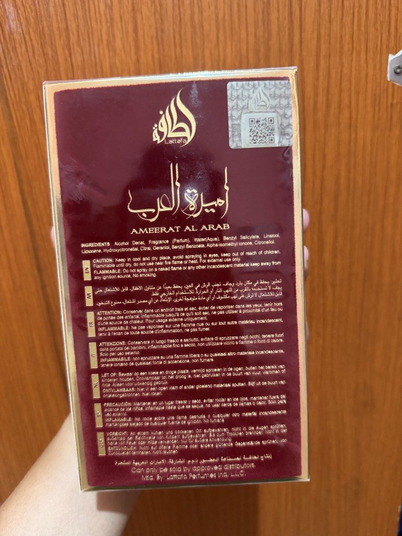 Lattafa Ameerat Al Arab Eau De Parfum 100ml (Category: Fragrance & Deodorants) located in Cavite. Submitted by shopgeeks (Listing ID 1440914406, Image 2). Description: - Ameerat Al Arab by Lattafa - Eau de Parfum, Natural Spray - 100ml Bottle - Made in UAE - Comes in Original Packaging 📍Dasma,Cavite.