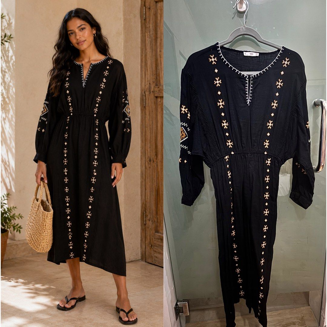 Mango Black Embroidered Midi Dress (Category: Dresses) located in Pasig City. Submitted by MYPINCCLOSET (Listing ID 1440875126, Image 1). Description: USED ONCE ONLY - Chic black midi dress - Elegant V-neckline - Comfortable long sleeves - Stunning embroidery on sleeves and down the front - Flattering cinched waist - Flowy, comfortable material - Versatile: great for casual or dressed-up events.