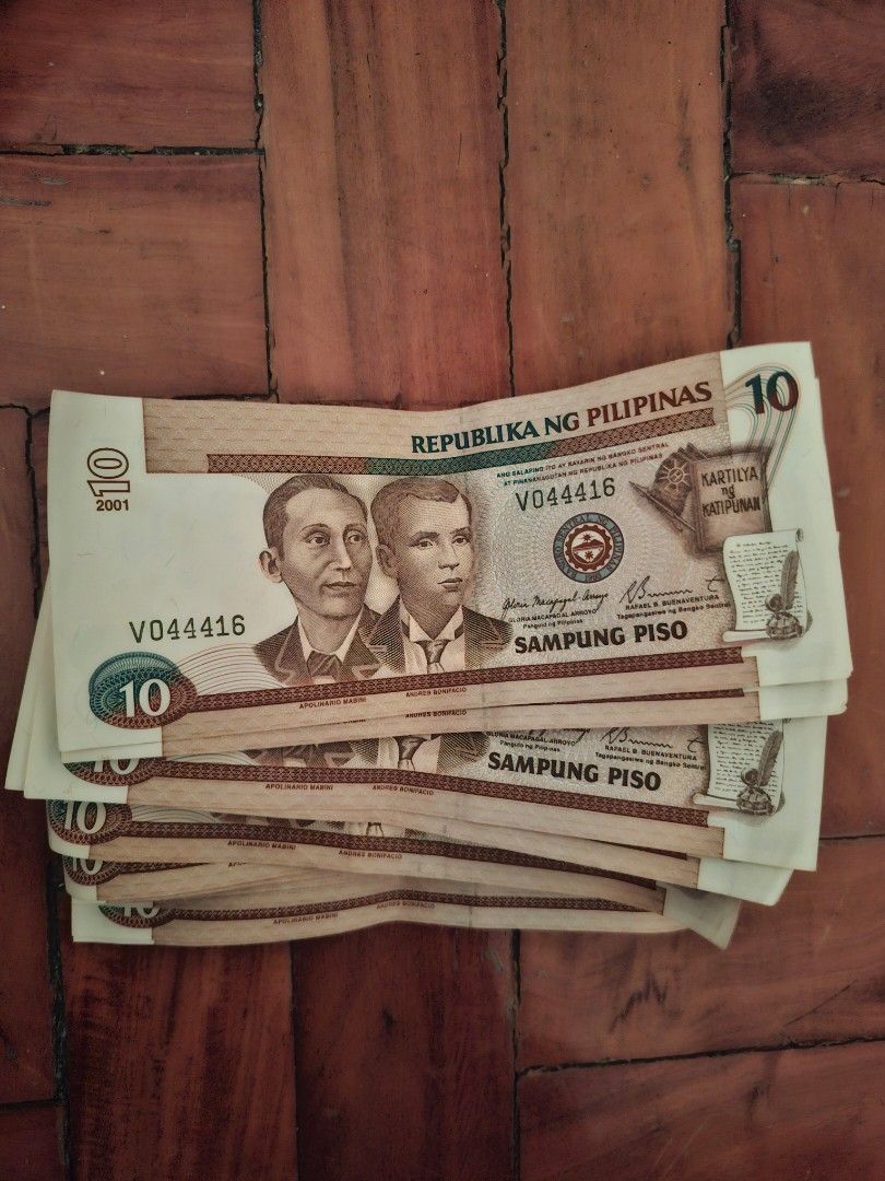 Philippine 10 Peso Bills (2001 Series) (Category: Currency) located in Cebu City. Submitted by shl.ra (Listing ID 1440834239, Image 1). Description: - 13 pcs.Philippine 10 peso bills - never used, from bank pa tapos tinago lang - pls drop your offer .