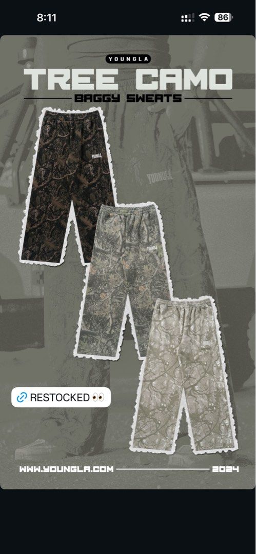 [PREORDER] YOUNGLA Tree Camo Baggy Sweats Pants (Category: Joggers) located in Bocaue. Submitted by oak_gymactive (Listing ID 1440763243, Image 3). Description: PREORDER ONLY.