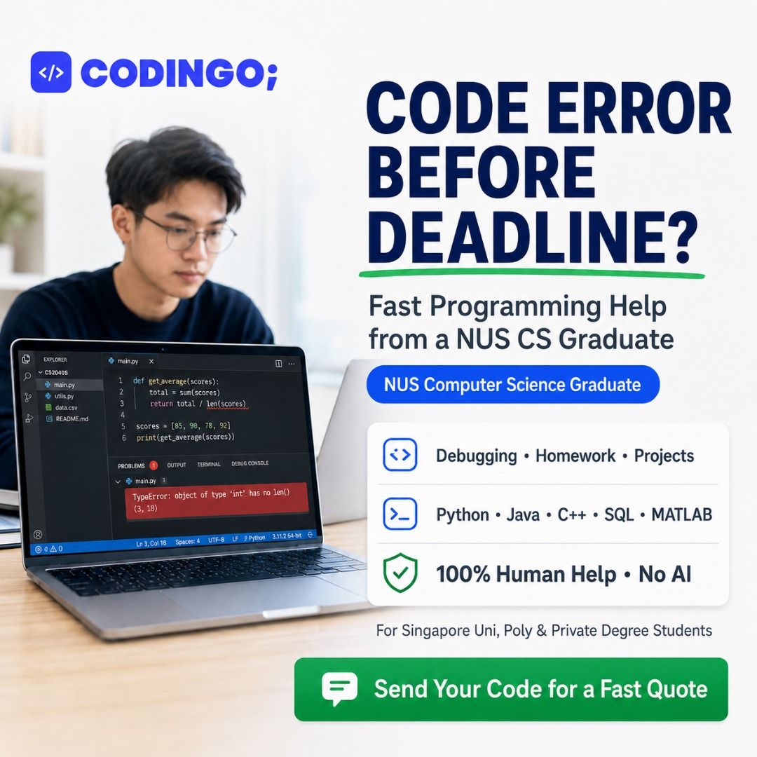 Programming Help Assignment Help Coding Help Service Python R Studio Java JavaScript SQL HTML C# C++ Jamovi Powerbi STATA SPSS React Ionic Angular Flutter Matlab Excel PowerAutomate (Category: Professional Skills) located in Singapore. Submitted by codingo (Listing ID 1018547141, Image 1). Description: The #1 Coding & Programming Help Service on Carousell! Click here to send us your task on tele: https://tinyurl.com/codingotele (@codingosg) Click