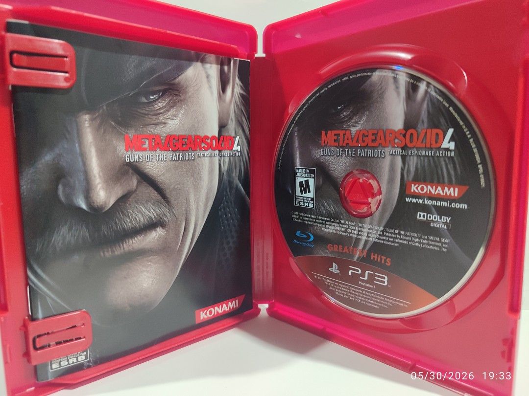 PS3 - Metal Gear Solid 4 (OPENED) "R1" (Category: PlayStation) located in Mendez-Nunez. Submitted by sf2_gameshop (Listing ID 1440882923, Image 3). Description: PLEASE READ Condition: Though it has no plastic seal, this item is new, I just removed its practice wrap. A new item but it has a dent on the back case (see posted photo). GENRE: Action-adventure, stealth MODE: Single-player REGION: 1 - US/Canada VOICE: English TEXT: English MANUAL: Engli