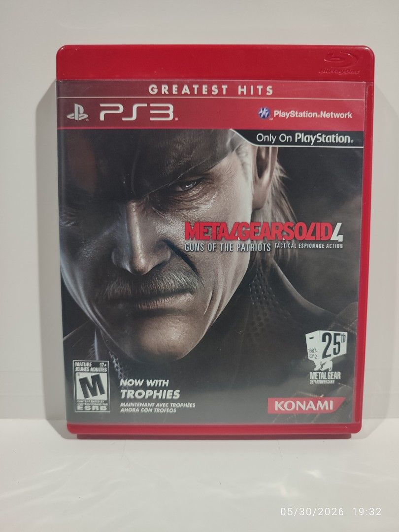 PS3 - Metal Gear Solid 4 (OPENED) "R1" (Category: PlayStation) located in Mendez-Nunez. Submitted by sf2_gameshop (Listing ID 1440882923, Image 1). Description: PLEASE READ Condition: Though it has no plastic seal, this item is new, I just removed its practice wrap. A new item but it has a dent on the back case (see posted photo). GENRE: Action-adventure, stealth MODE: Single-player REGION: 1 - US/Canada VOICE: English TEXT: English MANUAL: Engli