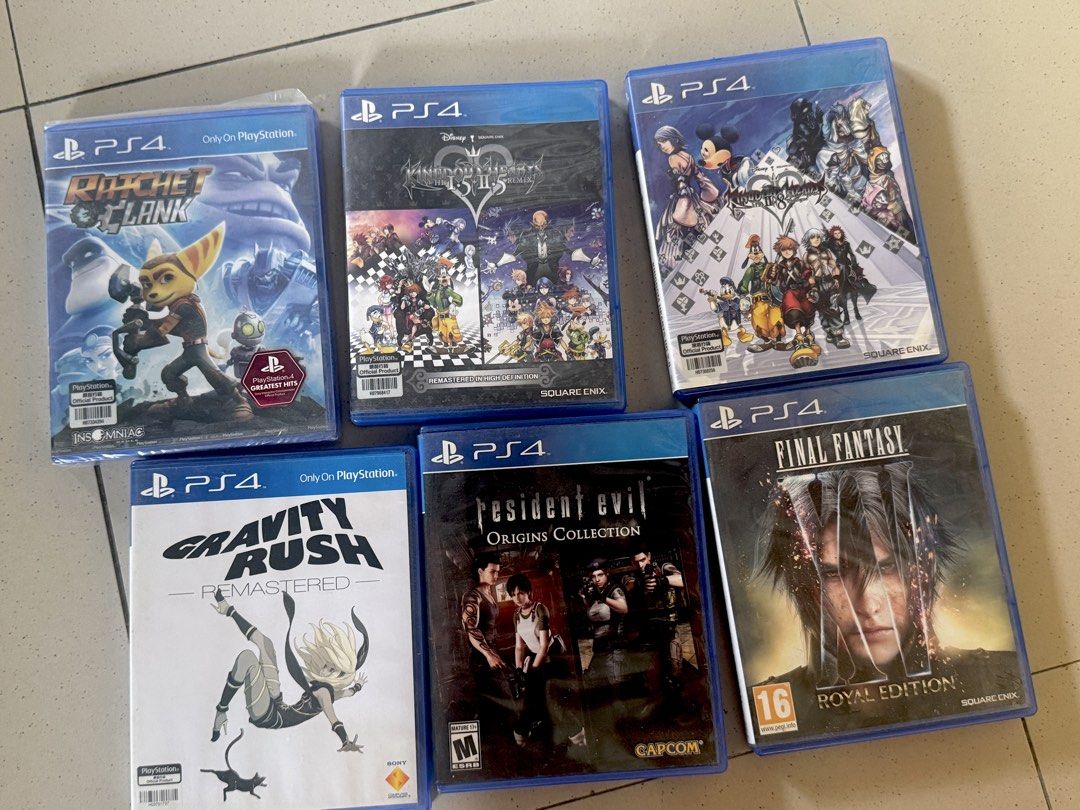 PS4 Games Bundle: Ratchet & Clank, Kingdom Hearts, Gravity Rush, RE, FF (Category: PlayStation) located in Bacoor. Submitted by nursejhaye040988 (Listing ID 1440799639, Image 1). Description: - PS4 Game Bundle - Includes: Ratchet & Clank (Greatest Hits), Kingdom Hearts HD 2.8 Final Chapter Prologue, Gravity Rush Remastered, Resident Evil Origins Collection, Final Fantasy XV Royal Edition - All discs are in their original cases - Perfect collectio