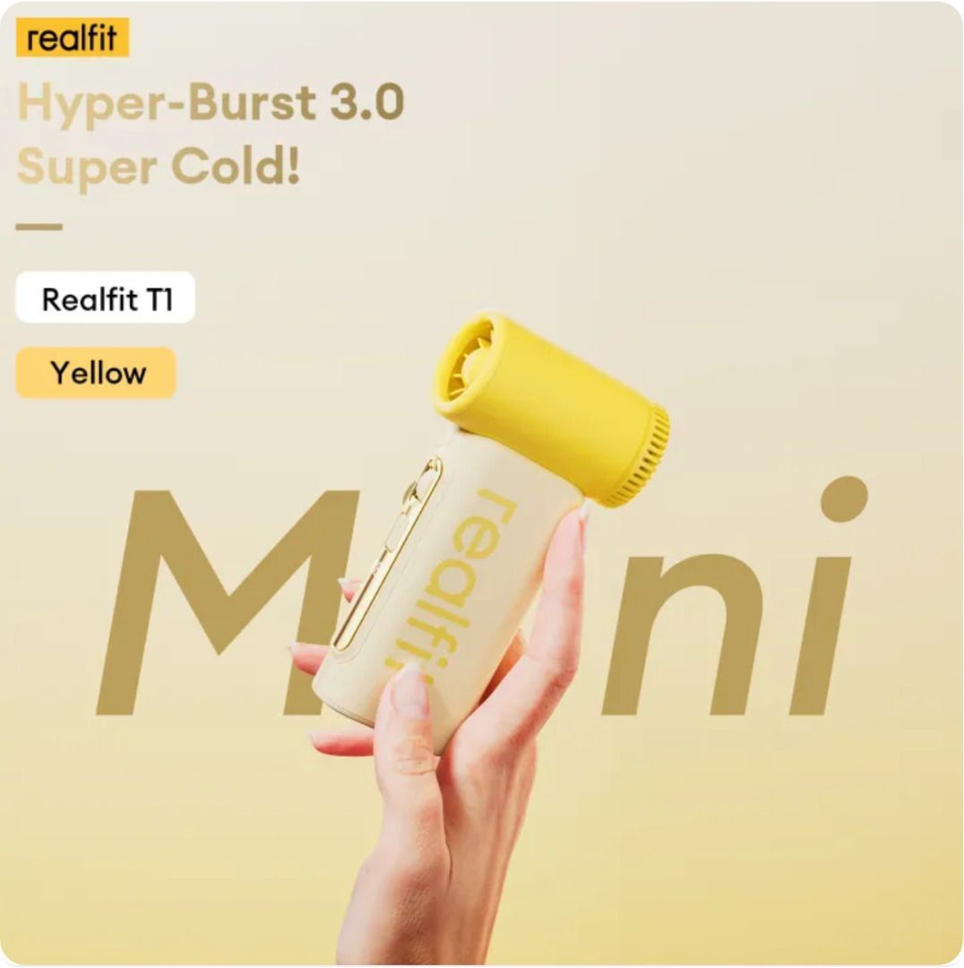 Realfit T1 Turbo Mini Fan (Category: Fans) located in Marikina City. Submitted by mariefdv (Listing ID 1440845047, Image 3). Description: Realfit T1 Turbo Mini Fan Yellow 199 Levels Wind Speed: 10m/s Ultra-strong Wind(equivalent to level 5 wind force) Exquisite gift box packaging:​​ Perfect for gift giving. ​​LED Digital Display: Displays the current wind speed level and battery power in real time. ​​Long Battery Life: Built-in intelligent power-
