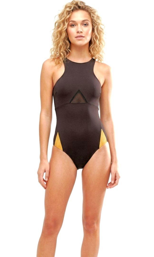 Ripcurl Mirage Contrast One-Piece Swimsuits (Category: Bikinis & Swimsuits) located in Cebu City. Submitted by cebuanamomshies (Listing ID 1440807491, Image 2). Description: M-L High Neck back Zip closure open back details Dark brown and yellow color Stretchy pull-on silhouette featuring mesh insets at the sides, partially lined and cut with a high leg providing minimal coverage, finished with cut-in armholes and a racerback. Polyamide, spandex, 