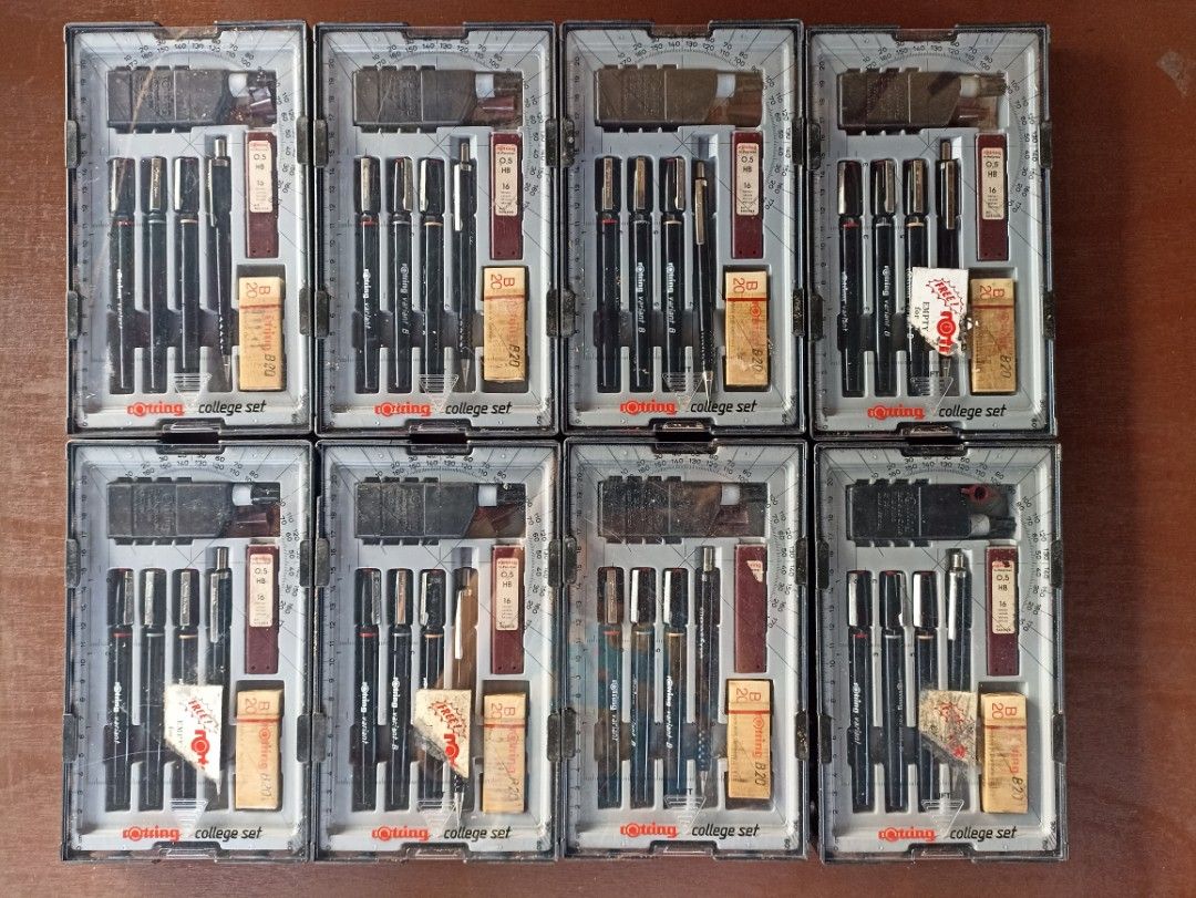 Rotring College Set Technical Pens (Category: Stationery & School Supplies) located in Makati City. Submitted by nical. (Listing ID 1440866476, Image 1). Description: Rotring College set from W. germany Inclusions 3 technical pens (rotring variant, refer to image above) 0.1, 0.3, 0.5 1 bottle of ink 1 rotring tikky 0.5 Mechanical Pencil 1 mechanical pencil spare lead 1 rotring B20 eraser This is old rotring set never been used..