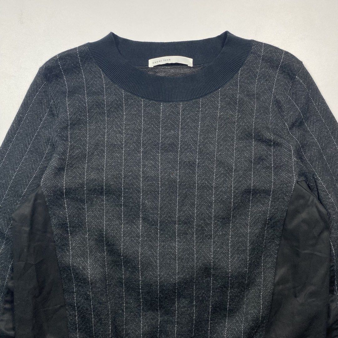 Sacai-luck Spring 2015 Paneled Crewneck (Category: Coats, Jackets and Outerwear) located in Cebu City. Submitted by nots0japan (Listing ID 1440945060, Image 2). Description: Excellent Flaw - missing washtag (Authentic) Size tagged - N/A Width -19.5 Length - 22.5 Sleeve length - 23.