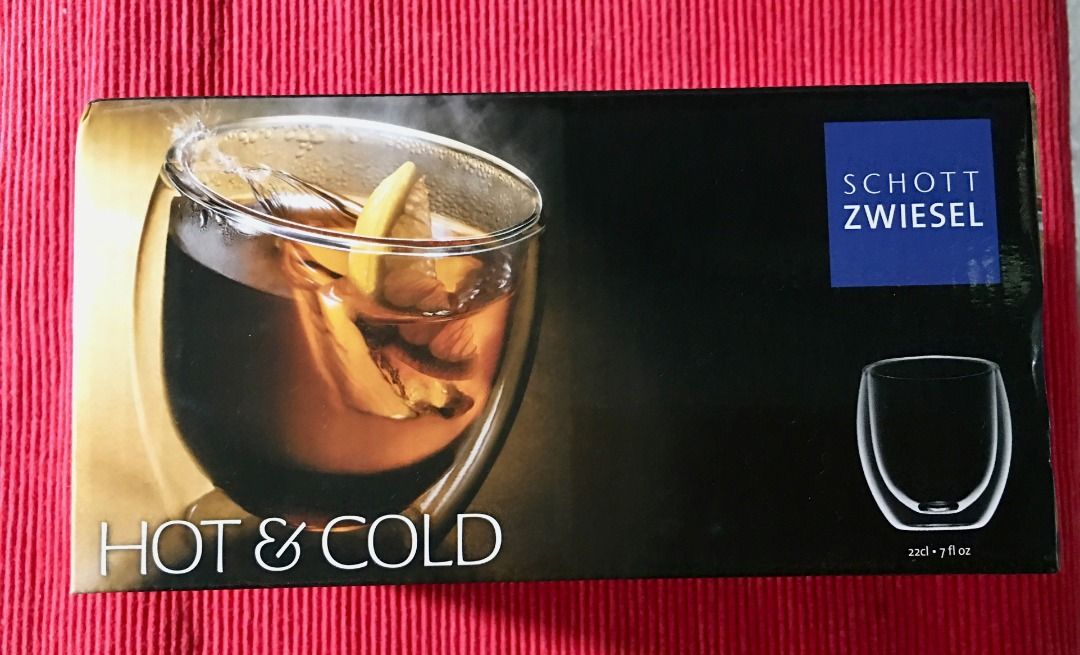 Schott Zwiesel Double Wall Hot & Cold Glasses (Set of 2) (Category: Dinnerware & Cutlery) located in Calamba. Submitted by marjoh29436 (Listing ID 1440887372, Image 1). Description: The brilliant crystal hand made medium glasses with classic and timeless design. Perfect for drinking Bourbon Whisky, Juices, etc. for all special occasions. UNUSED, with box and in excellent condition. (SEE PHOTOS) - Set of 2 Schott Zwiesel double-wall glasses - Idea