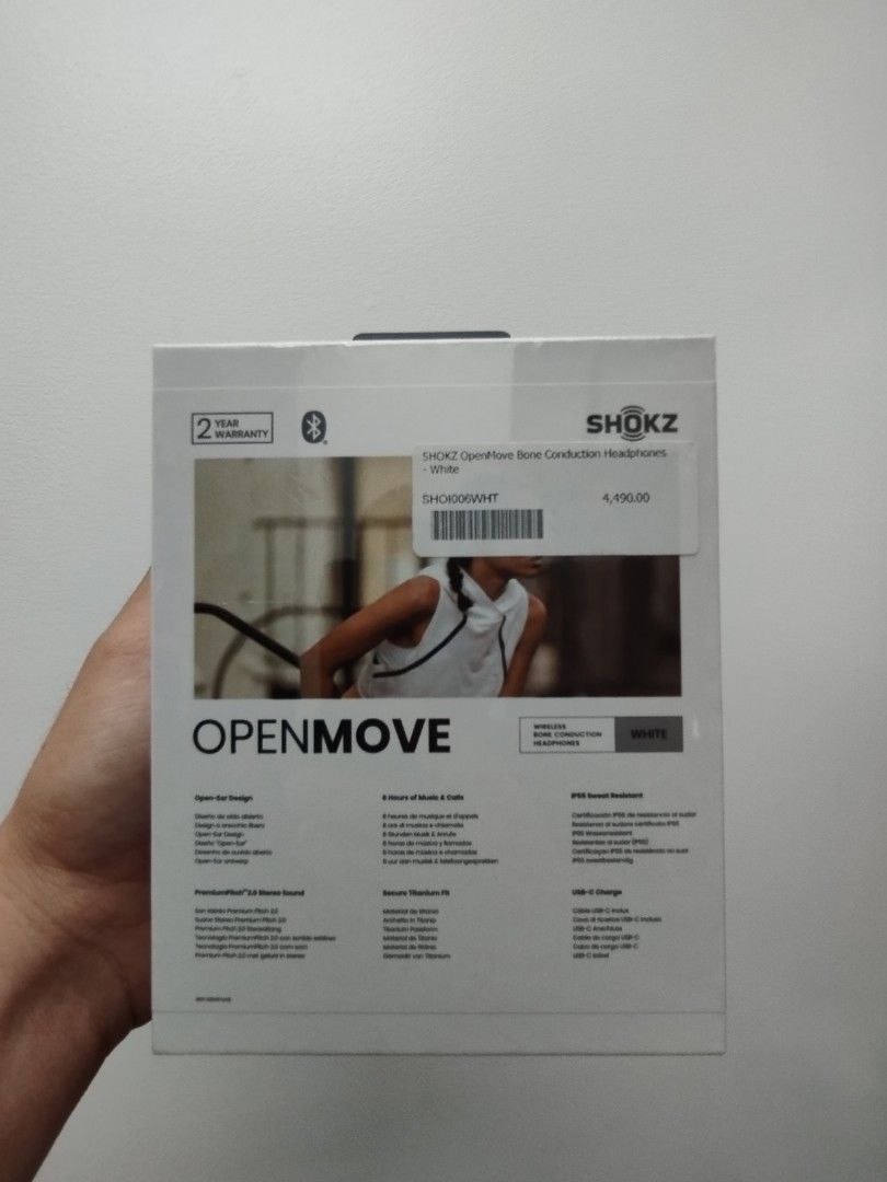 SHOKZ OpenMove (Category: Headphones & Headsets) located in Manila. Submitted by gerock (Listing ID 1440789349, Image 3). Description: *Detailed Specifications* *Audio Technology* -7th Generation Bone Conduction Technology -Uses PremiumPitch™ 2.0 Stereo Sound -Designed to reduce sound leakage by up to 50% compared to earlier generations -Open-ear design improves environmental awareness during outdoor activities *Sound Performance* -Best for: *Pod