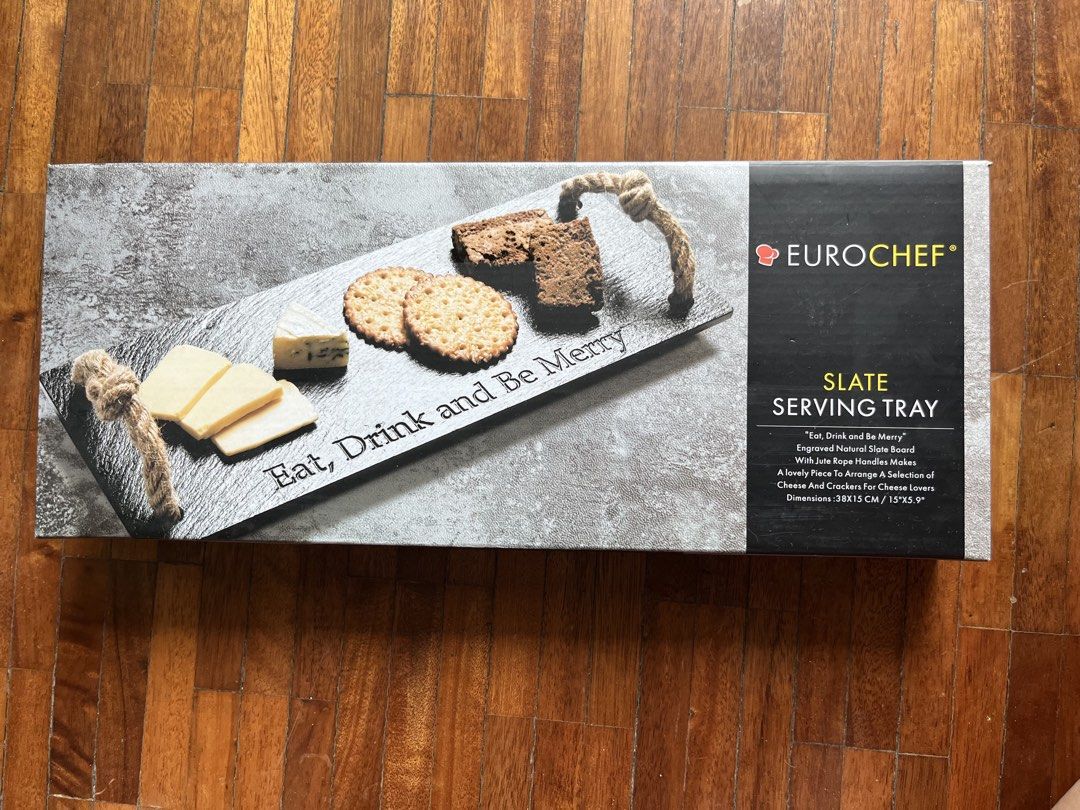 Slate Serving Tray (Category: Other Kitchenware & Tableware) located in Muntinlupa City. Submitted by projectnoclutter (Listing ID 1440807599, Image 1). Description: - Brand: Eurochef - Material: Natural Slate - Features: Engraved 'Eat, Drink and Be Merry', Jute rope handles - Dimensions: 38x15 cm (15"x5.9") - Condition: Excellent - Ideal for serving cheese, crackers, appetizers, and more..