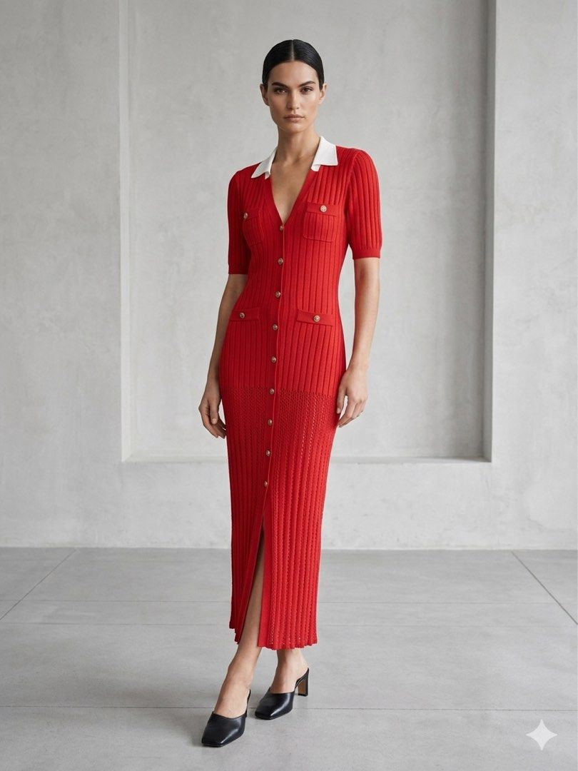 TEANE POINTELLE KNIT MIDI DRESS (RED) (Category: Dresses) located in Pasig City. Submitted by vetementsdemanila (Listing ID 1440900372, Image 1). Description: TEANE POINTELLE KNIT MIDI DRESS (RED) New without tags/ no labels Size: SMALL Bust: 32 inches Waist: 28 inches Length: 54 inches P3850 PLUS SHIPPING.