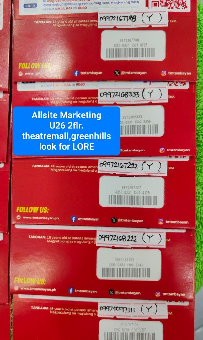 TM SPECIAL NUMBERS (2027) (Category: Sim Cards) located in San Juan City. Submitted by genonlore (Listing ID 1440890521, Image 2). Description: ________store location________ Allsite Marketing U26 2flr. Theatremall,Greenhills 09151510080 LORE ALL SIMS ARE REQUIRED TO REGISTER.