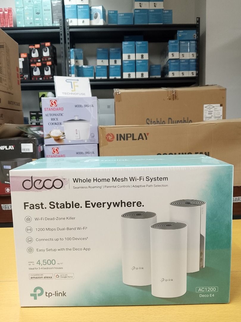 TP-Link Deco E4 (3-Pack) AC1200 Whole Home Mesh Wi-Fi System (Category: Computer Parts) located in Pasig City. Submitted by technofuseofficial (Listing ID 1440858550, Image 1). Description: TP-Link Deco E4 (3-Pack) AC1200 Whole Home Mesh Wi-Fi System Brand New and Original Items Store Location: 4F Unit 402, 604 Shaw Boulevard, Barangay Kapitolyo, Pasig City Same Day Delivery: - Lalamove delivery within Metro Manila - For walk-ins: Always PM first
