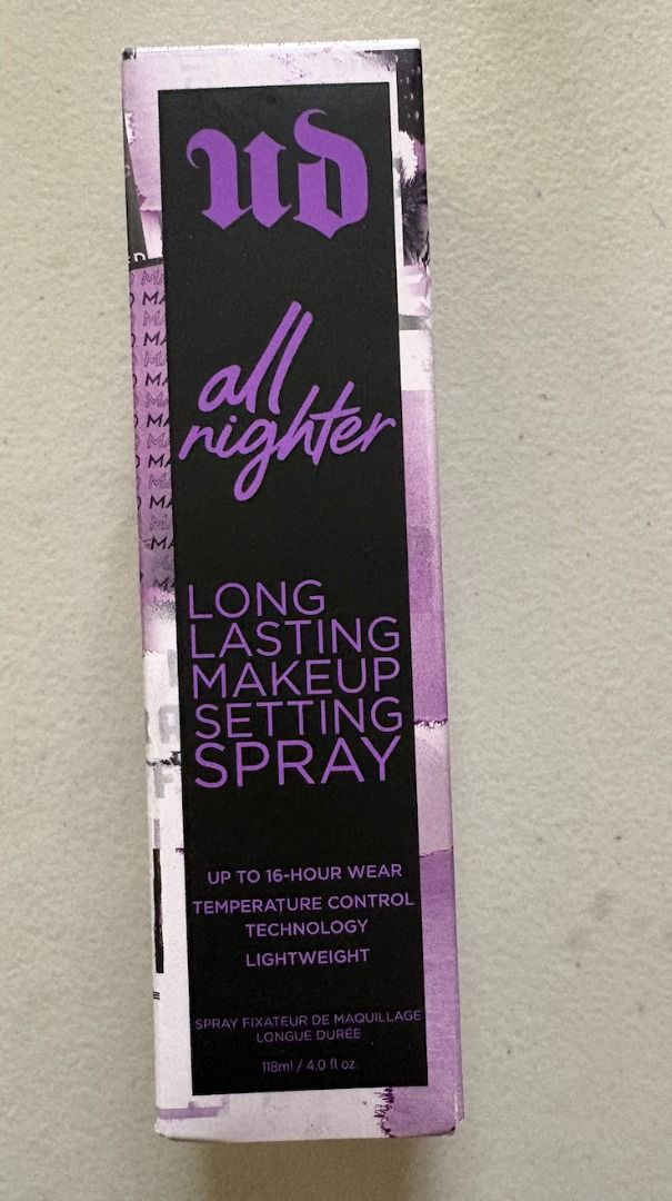 Urban Decay All Nighter Long Lasting Makeup Setting Spray (Category: Makeup) located in Quezon City. Submitted by products123 (Listing ID 1440858247, Image 1). Description: - Urban Decay All Nighter Setting Spray - Keeps makeup fresh for up to 16 hours - Lightweight and breathable formula - Prevents makeup cracking or flaking - Size: 118ml / 4.0 fl oz.