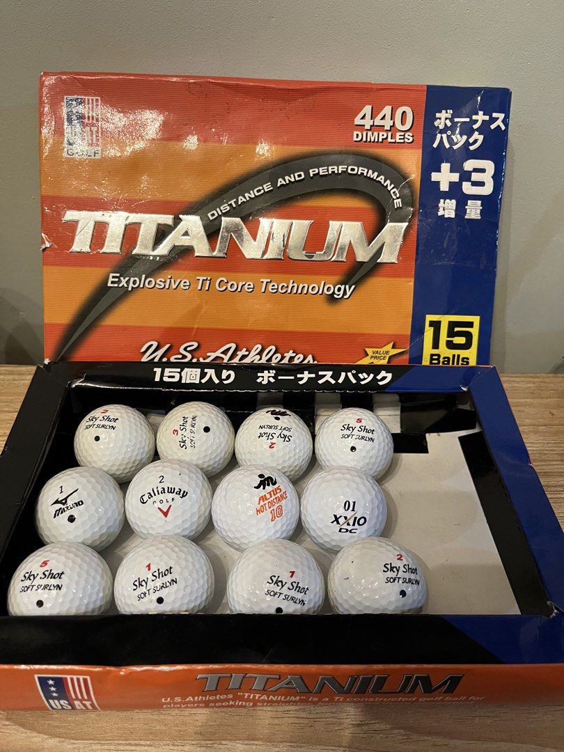 U.S. Athletes Titanium Golf Balls - 12 Balls Available (Category: Golf) located in Quezon City. Submitted by metamerchant (Listing ID 1440891706, Image 1). Description: - Bonus pack: Get 15 U.S. Athletes Titanium golf balls! - Assorted Brands: Includes Mizuno, Callaway, XXIO, and Sky Shot. - Explosive Ti Core Technology: Engineered for incredible distance and superior performance. - Ready for the Green: Ideal for your next golf outing..