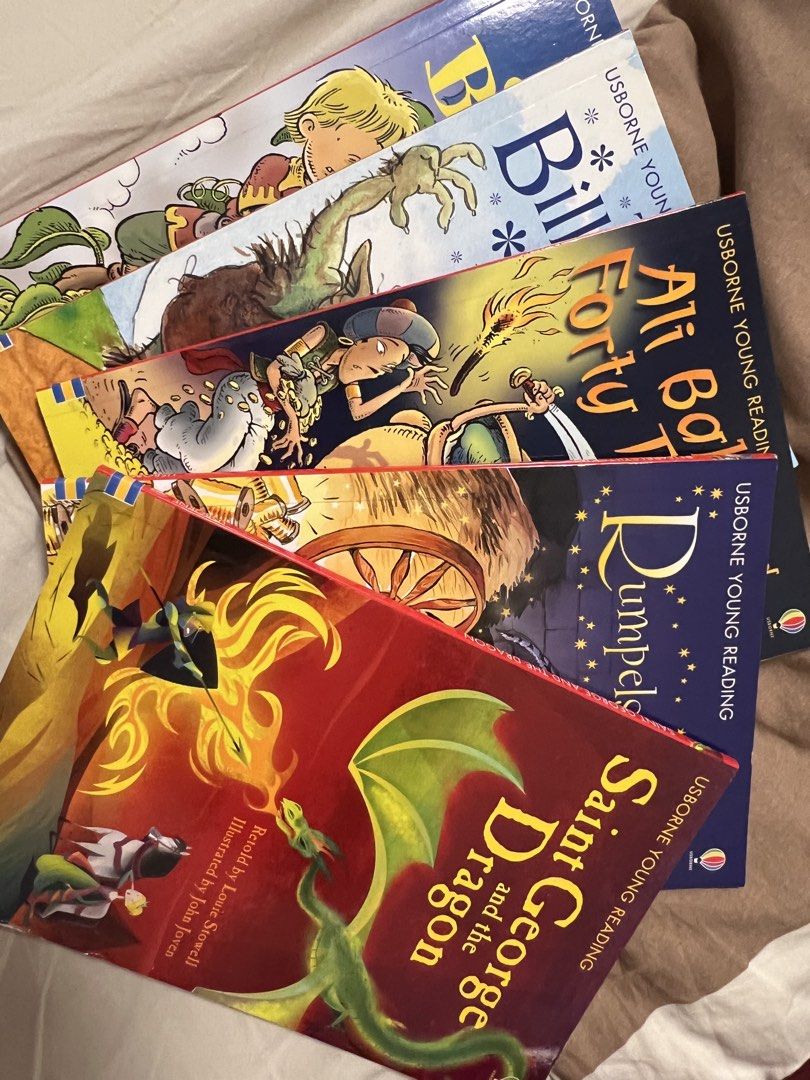 Usborne Young Reading Set - Fairy Tales (Category: Children's Books) located in Quezon City. Submitted by misoumsoup (Listing ID 1440922786, Image 2). Description: - Set of 5 Usborne Young Reading books. - Titles include: Jack and the Beanstalk, The Billy Goats Gruff, Ali Baba and the Forty Thieves, Rumpelstiltskin, and Saint George and the Dragon. - Ideal for children who are starting to read independently. - Features engaging retellings and vib