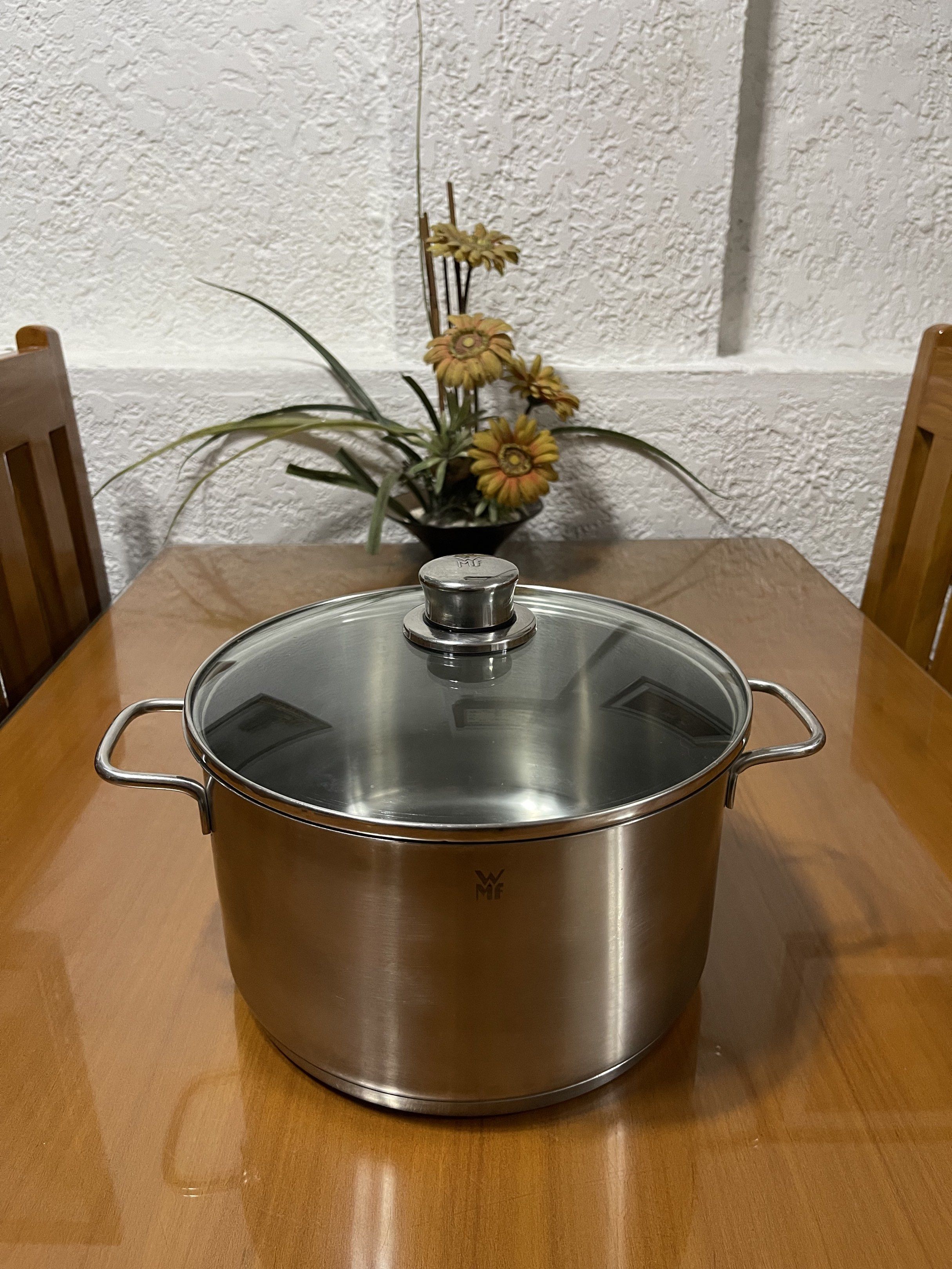 WMF Transtherm Stainless Steel Pot 24cm (Category: Cookware & Accessories) located in Quezon City. Submitted by doublelkitchenwares (Listing ID 1440868359, Image 1). Description: WMF Transtherm Stainless Steel Pot with original cover Germany Brand Stainless Steel 18/10 24x14cm Induction / Gas / Electric Makapal and mabigat Minimal sign of usage, with minimal dent sa cover Pick up or shipping via lalamove Provincial 🚚j&t Novaliches Qc.