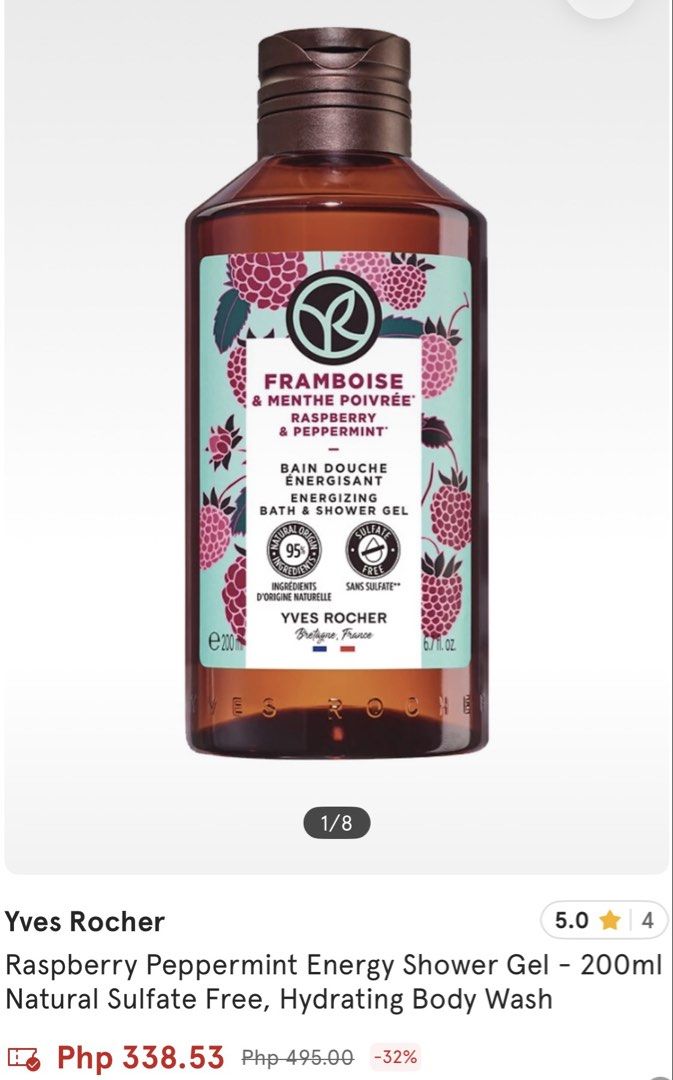 Yves Rocher Raspberry Peppermint P200ml. Shower Gel (Category: Bath) located in Quezon City. Submitted by carymyshop. (Listing ID 1440911845, Image 1). Description: 🍒 Yvez Rocher 200ml. shower gel, Good for travel size, smell so sweet and make skin so smooth ..