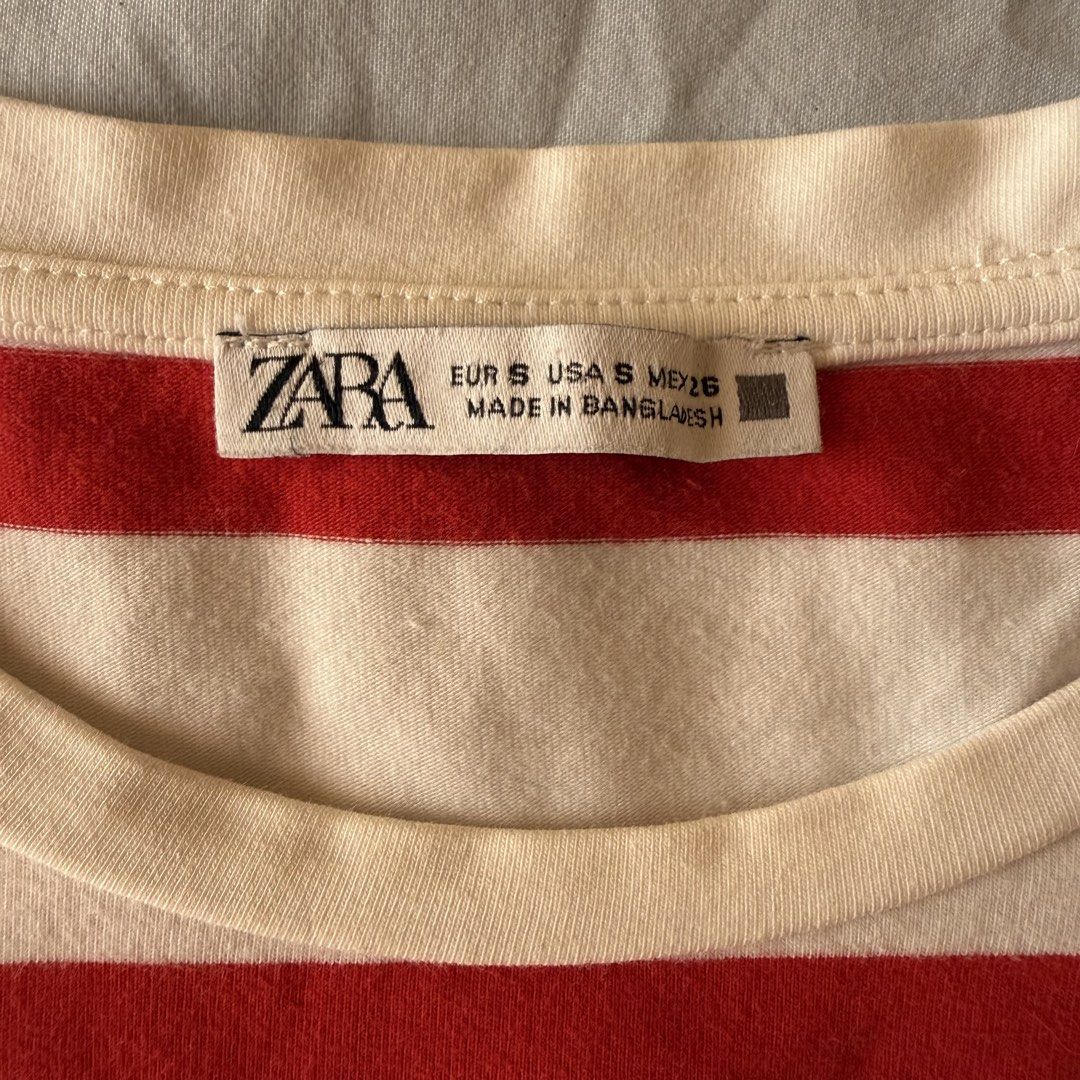 Zara Striped Cropped T-shirt (Category: Shirts) located in Mandaluyong City. Submitted by shop.sisterscloset (Listing ID 1440851334, Image 2). Description: - Zara cropped t-shirt - Cream and red stripes - Short sleeves - Crew neck - Made in Bangladesh - Ideal for casual wear.