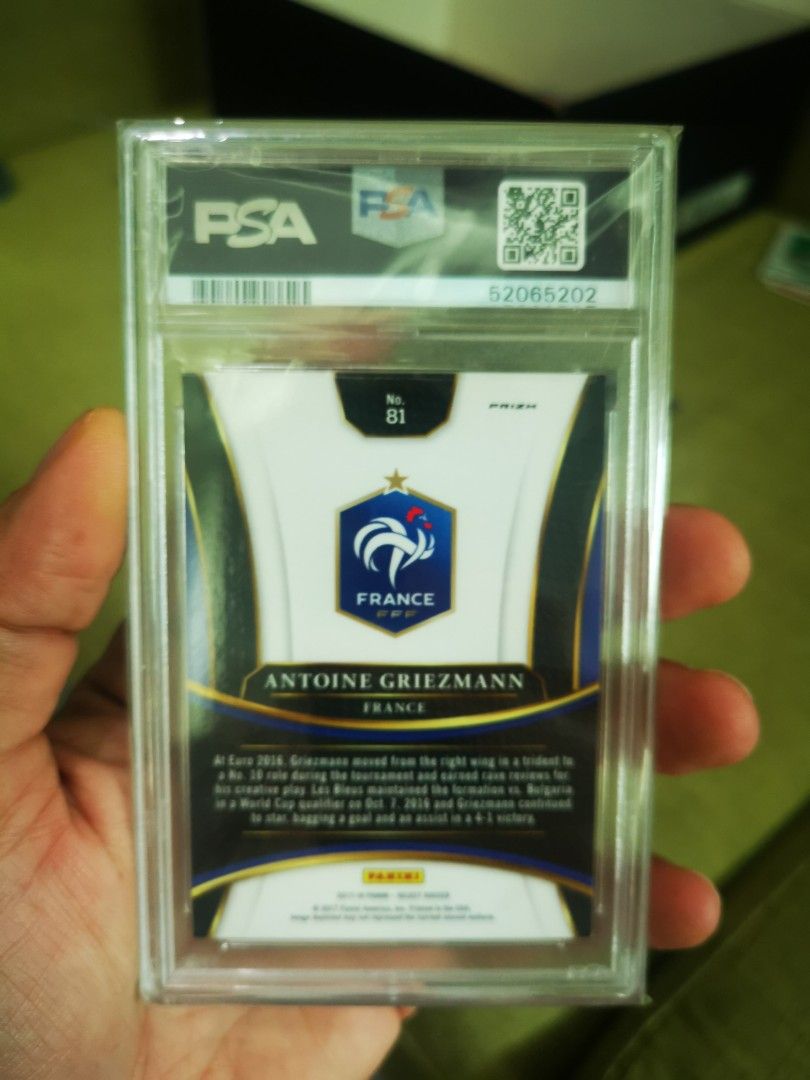 2017 Panini Select Antoine Griezmann PSA 9 Mint Card (Category: Graded Singles) located in Pasay City. Submitted by wizemindz138970 (Listing ID 1441135300, Image 2). Description: Selling a 2017 Panini Select Antoine Griezmann trading card. Graded PSA 9 Mint. This is the Checkerboard variation. Features the France national team jersey. A great collectible for any football fan..