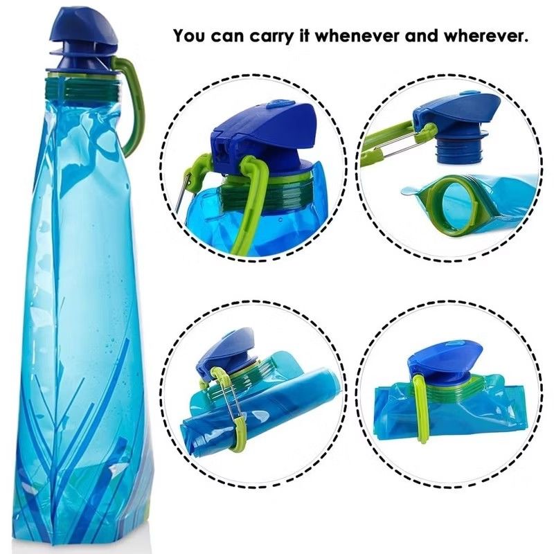 700ML foldable reusable water bottle bag (Category: Water Bottles & Tumblers) located in Quezon City. Submitted by ana-chan (Listing ID 1441116678, Image 3). Description: - 700ML capacity foldable reusable water bottle - Lightweight and space-saving design - Made from BPA-Free, food-grade material - Can be frozen for cold drinks - Durable construction with a secure cap - Includes a convenient carabiner for easy attachment - Ideal for outdoor acti