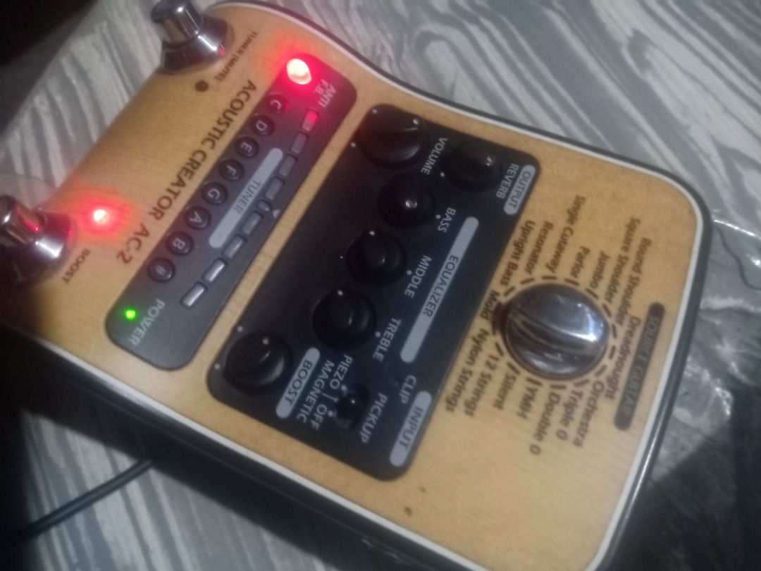Acoustic Creator AC-2 Guitar Pedal (Category: Musical Instruments) located in Caloocan City. Submitted by parcobryanx (Listing ID 1441119215, Image 2). Description: - Acoustic Creator AC-2 pedal - EQ controls: Bass, Middle, Treble - Volume and Boost controls - Built-in Tuner function - Pickup selector: Piezo, Magnetic, Off - Standard Input and Output jacks - Ideal for acoustic guitarists.