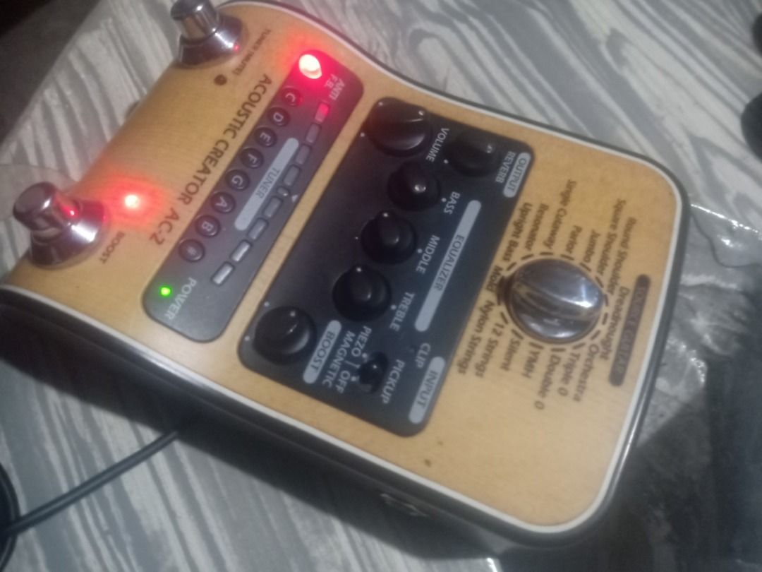 Acoustic Creator AC-2 Guitar Pedal (Category: Musical Instruments) located in Caloocan City. Submitted by parcobryanx (Listing ID 1441119215, Image 1). Description: - Acoustic Creator AC-2 pedal - EQ controls: Bass, Middle, Treble - Volume and Boost controls - Built-in Tuner function - Pickup selector: Piezo, Magnetic, Off - Standard Input and Output jacks - Ideal for acoustic guitarists.