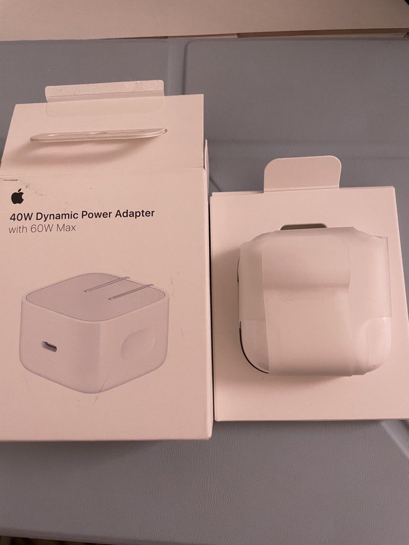 APPLE 40W POWER ADAPTER (Category: Chargers & Cables) located in Manila. Submitted by lqvel1z (Listing ID 1440958464, Image 2). Description: 40W Dynamic Power Adapter - used ONCE - w/ box and all accessories - no issues at all - bought from apple store website rfs: bought new charger payment method: gcash / bank transfer can meet up at SM Pampanga or delivery via J&T.