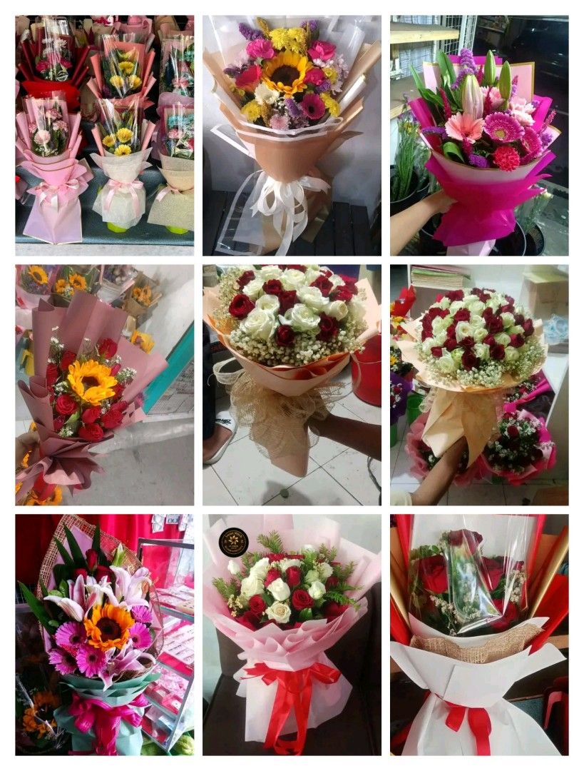 Assorted Flower Bouquets for Sale - Various Designs (Category: Flowers & Bouquets) located in Manila. Submitted by vanessa19_02 (Listing ID 1441096346, Image 1). Description: - Beautiful flower bouquets perfect for gifts and special occasions. - Features a variety of flowers like roses, sunflowers, and lilies. - Each bouquet is carefully wrapped and tied with a ribbon. - Available in multiple styles and color combinations..