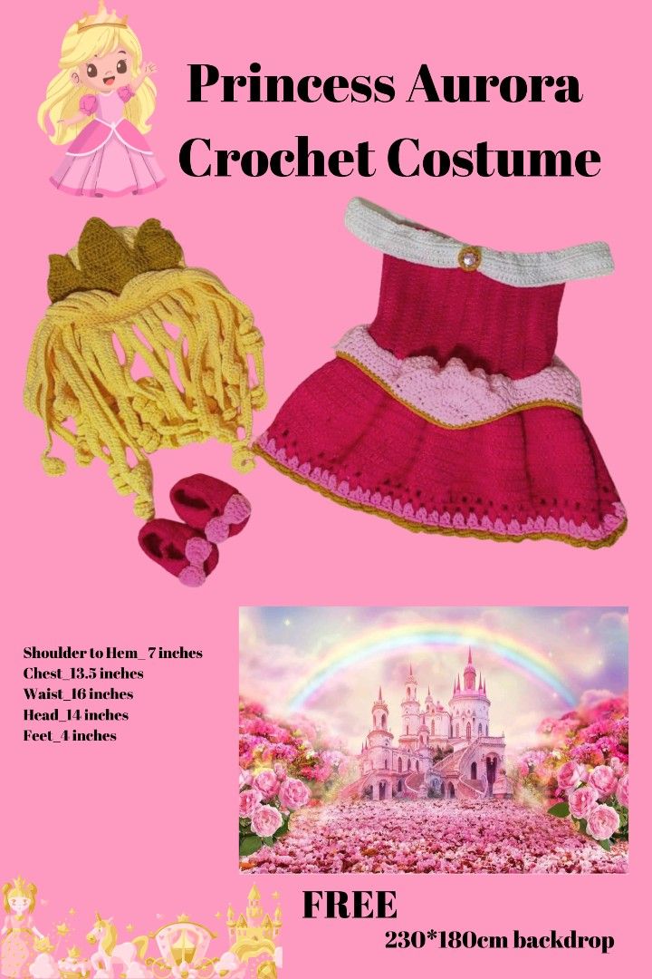 Aurora Crochet Costume with FREE backdrop (Category: Babies & Kids Fashion) located in Makati City. Submitted by disneyprincess_ (Listing ID 1441127604, Image 1). Description: Used once for monthly milestone shoot..