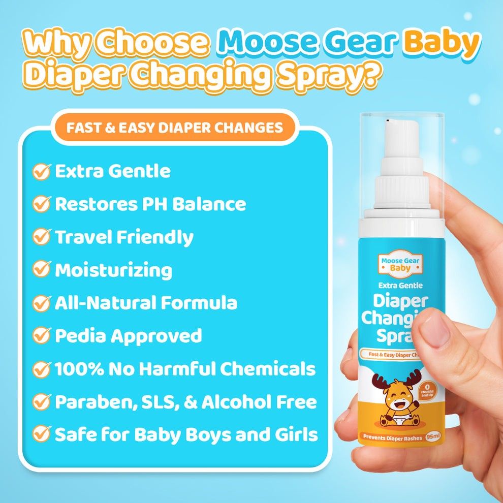 Baby Diaper Changing Spray 95ml (Category: Diapers & Baby Wipes) located in Quezon City. Submitted by ana-chan (Listing ID 1441090261, Image 2). Description: - Moose Gear Baby Diaper Changing Spray - Extra Gentle & Hypoallergenic - Moisturizing and Prevents Diaper Rashes - All-Natural Formula with Turmeric & Aloe Vera - Paraben, SLS, & Alcohol Free - Restores pH Balance - Travel Friendly - 95ml bottle.