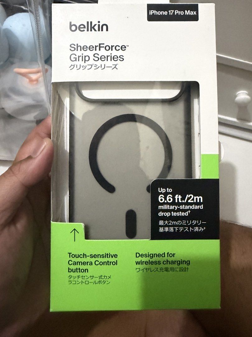 Belkin SheerForce Grip Series MagSafe Case for iPhone 17 Pro Max (Category: Cases & Sleeves) located in Quezon City. Submitted by mavs0 (Listing ID 1440976173, Image 1). Description: - Belkin Grip Candy MagSafe Case for iPhone 17 Pro Max - Color: Black - Textured bumper for enhanced grip - Raised edges protect screen and camera - Soft and flexible finish - Designed for MagSafe wireless charging - Touch-sensitive camera control button - Military-s
