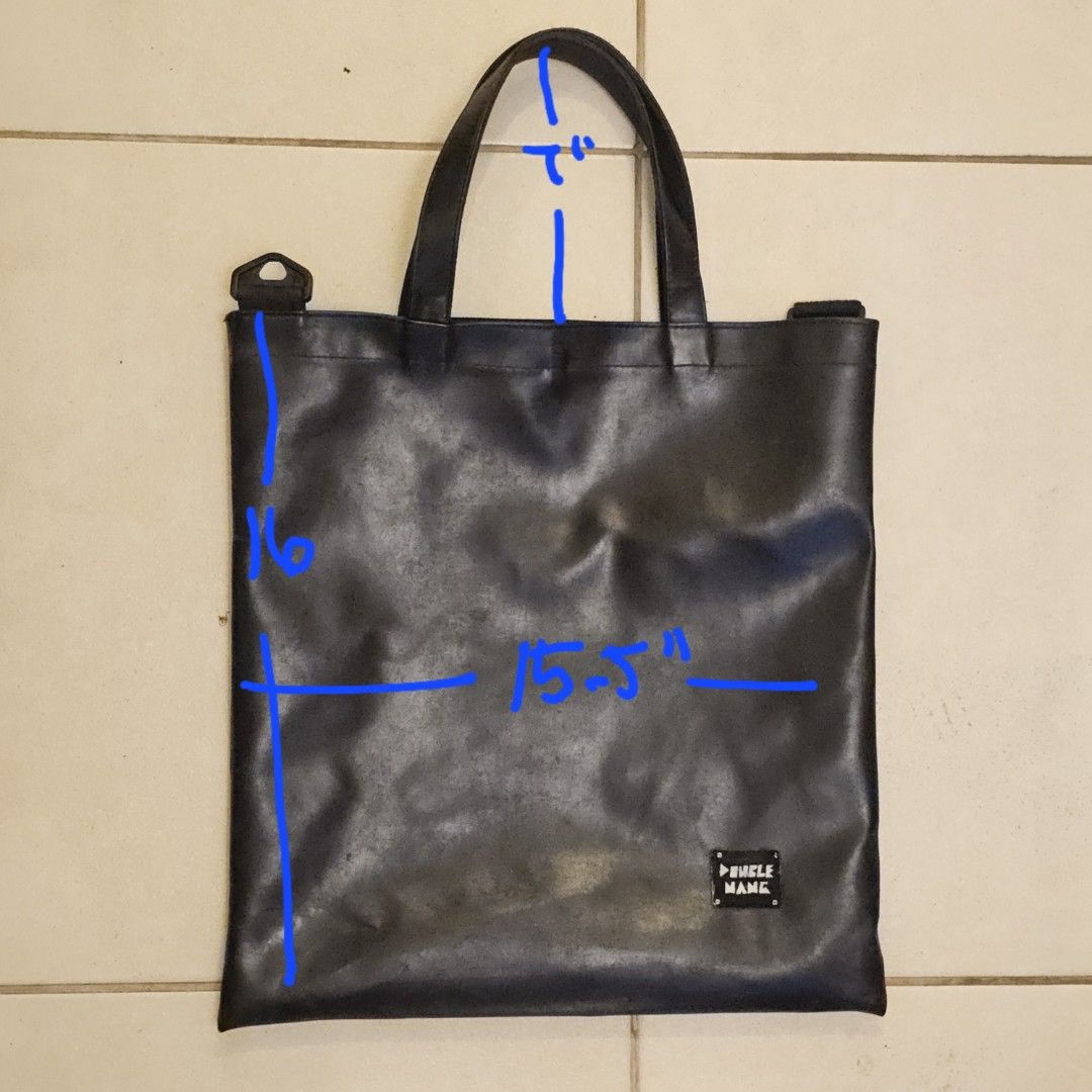 Black Pleather Tote Bag Laptop Bag (Category: Luxury Bags & Wallets) located in Silang. Submitted by monpeanut (Listing ID 1441027238, Image 3). Description: - Spacious main compartment - Approximate measurements: 16 inches tall, 15.5 inches wide - Handle drop: approximately 7 inches.