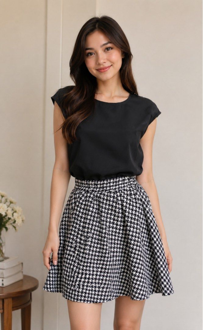Black Top and Houndstooth Skirt Set (Category: Sets or Coordinates) located in Cavite. Submitted by yapee. (Listing ID 1435942110, Image 1). Description: - Black top with round neckline and cap sleeves. - Houndstooth flared skirt (black and white). - Perfect for casual or semi-formal wear. - Complete set..
