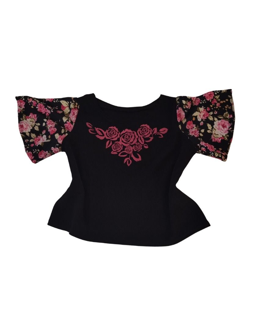 Black Top with Floral Bell Sleeves | Large (Category: Blouses) located in Manila. Submitted by ubes_corner (Listing ID 1441013205, Image 1). Description: - Stylish black top - Features pretty floral bell sleeves - Adorned with a rose design on the front - Peplum-style silhouette - Versatile for casual or dressed-up looks - Easily pairs with jeans or skirts.