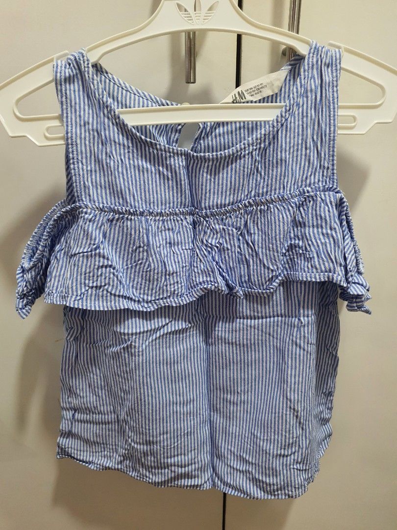 Blue and white striped ruffled off-shoulder top (Category: Blouses) located in Manila. Submitted by caspi_08 (Listing ID 1441131771, Image 1). Description: Bust : 26 in Perfect for kids!.