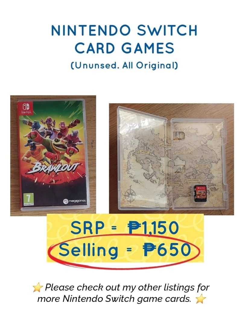 BRAWLOUT - Nintendo Switch game card (Category: Nintendo) located in Quezon City. Submitted by el.nica (Listing ID 1441133601, Image 1). Description: Hello Nintendo Gamers! 👋 Welcome to my listing 😊 Expanding your Nintendo Switch collection without paying full price! 👍 → I have listed the retail price VS. my selling price. Please refer to the listing photos for the Nintendo Switch Card Game prices. → 💯 Original. 💯 Brand New. 📦 Original casi
