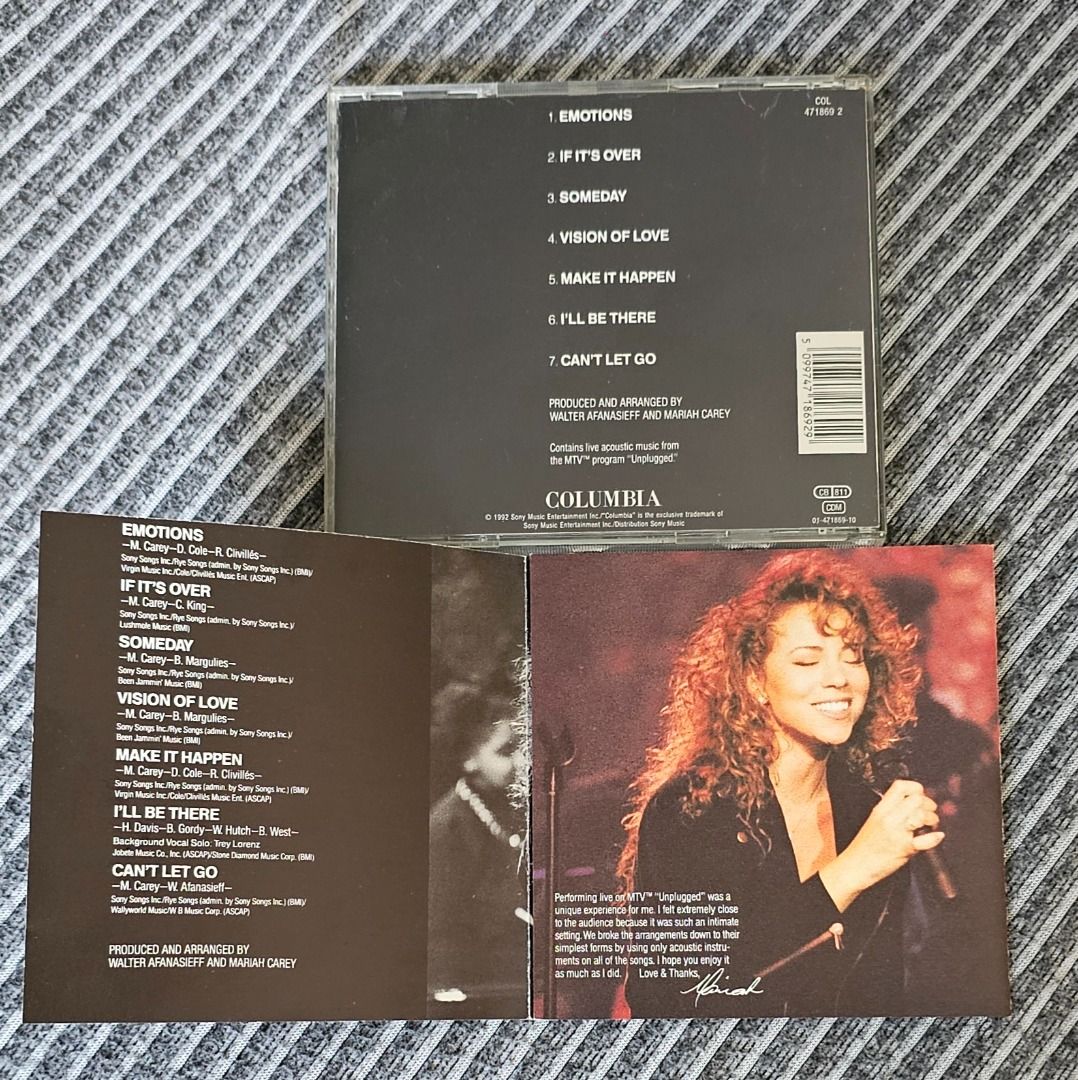 🌟[CD EP] Mariah Carey MTV Unplugged (1992) (Category: CDs & DVDs) located in Singapore. Submitted by strangecell (Listing ID 1441004802, Image 3). Description: Many more Various Genres: https://www.carousell.sg/p/1253907759 Electronic Dance, EDM, DJ Mix: https://carousell.com/p/1035784902 Easy Listening, Funk Soul, Lounge, Jazz, New Age, Chill-out: https://carousell.com/p/1028943398 ************************************** Self-collect at Area Ser
