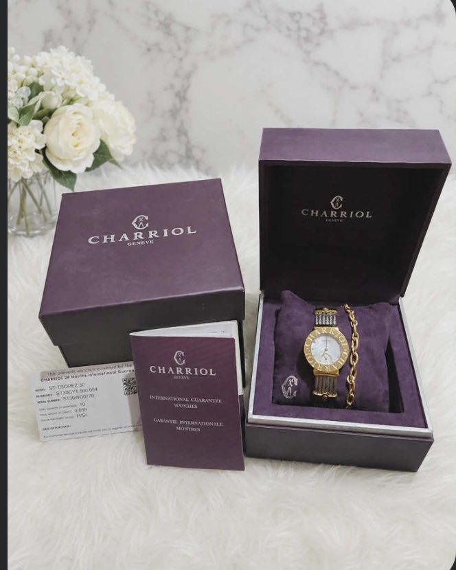 Charriol Geneva Watch with Box and Papers (Category: Luxury Watches) located in Mandaluyong City. Submitted by prelovedshionista (Listing ID 1441034736, Image 1). Description: - Authentic Charriol Geneva Watch - Model: ST-TROPZ 30 - Color: Gold and Silver Tone - Purchase Date: December 4, 2022 - Original Purchase Price: PHP 201,700.00 - Includes: Original Box, International Guarantee Booklet, and Receipt.