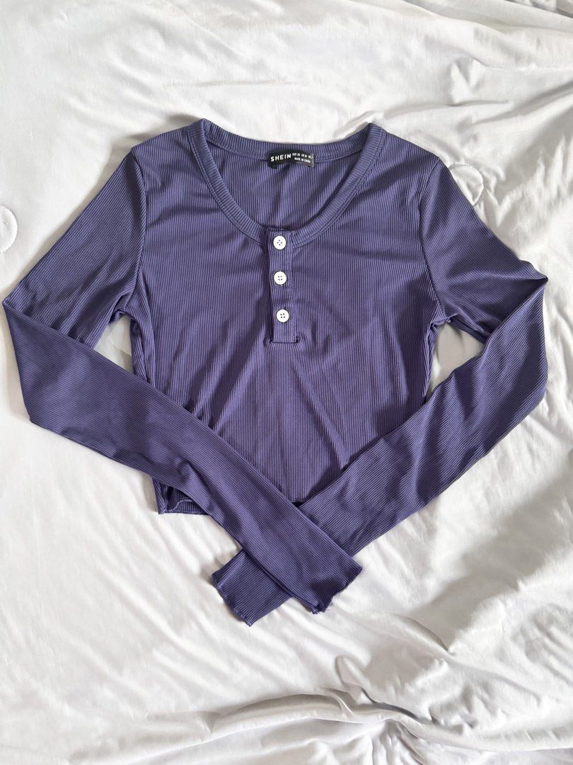 DARK VIOLET QUARTER BUTTON HENLEY LONGSLEEVE TOP RIBBED MATERIAL (Category: Longsleeves) located in Las Pinas. Submitted by preiscloset (Listing ID 1441035628, Image 1). Description: - Never been used - No Flaws - Too small on me - Size: XS-S.