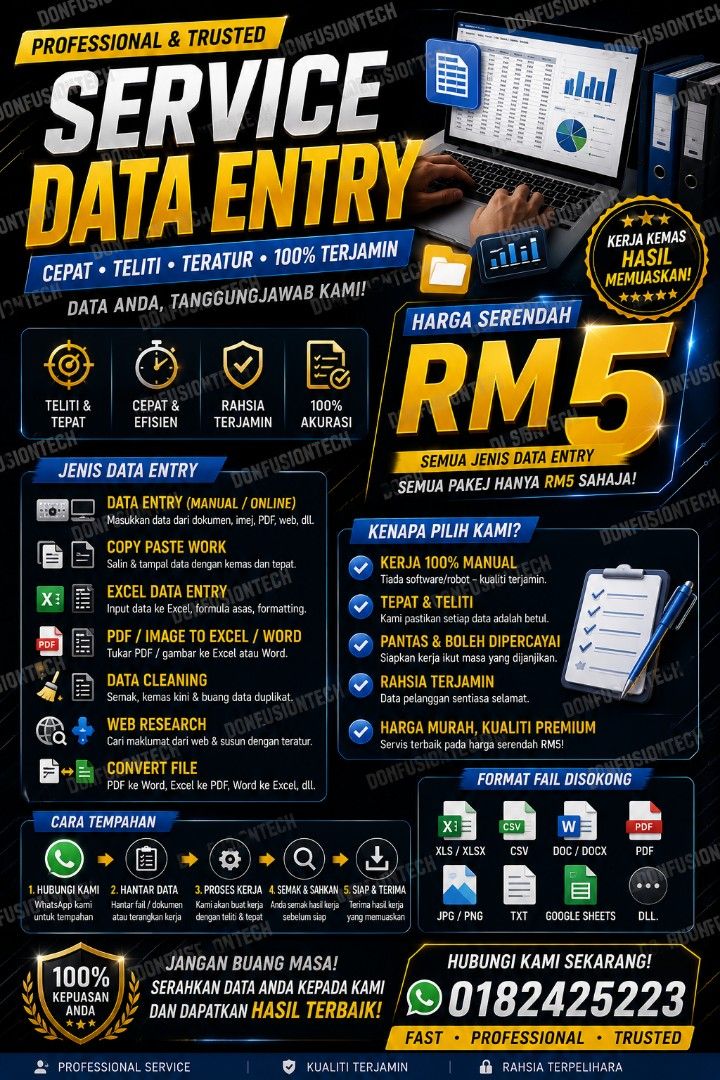 Data Entry Assistant (Category: Looking For) located in Puchong. Submitted by donfusiontech (Listing ID 1440996106, Image 1). Description: 📊 BANYAK DATA NAK KEY-IN? Serahkan kepada kami! ✅ Data Entry Excel ✅ Copy & Paste Data ✅ Kemasukan Maklumat Pelanggan ✅ Senarai Produk ✅ Kemaskini Database ✅ Kerja Dokumentasi 🎯 Cepat • Kemas • Teratur Sesuai untuk individu, peniaga dan syarikat kecil. 💰 Harga Berpatutan DONFUSIONTECH #DataEntry #ExcelServi