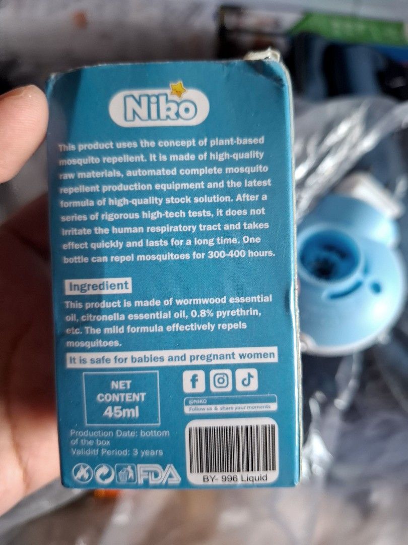 Electric Mosquito Liquid Repellent Set (Category: Insect Repellents) located in Quezon City. Submitted by ana-chan (Listing ID 1441100903, Image 3). Description: - Niko Electric Mosquito Liquid Repellent Set - Includes plug-in device and 45ml repellent liquid - Made with natural plant-based ingredients: wormwood and citronella essential oil - Safe for babies and pregnant women - Long-lasting: 1 bottle lasts 300-400 hours - Production Date: 12/12/
