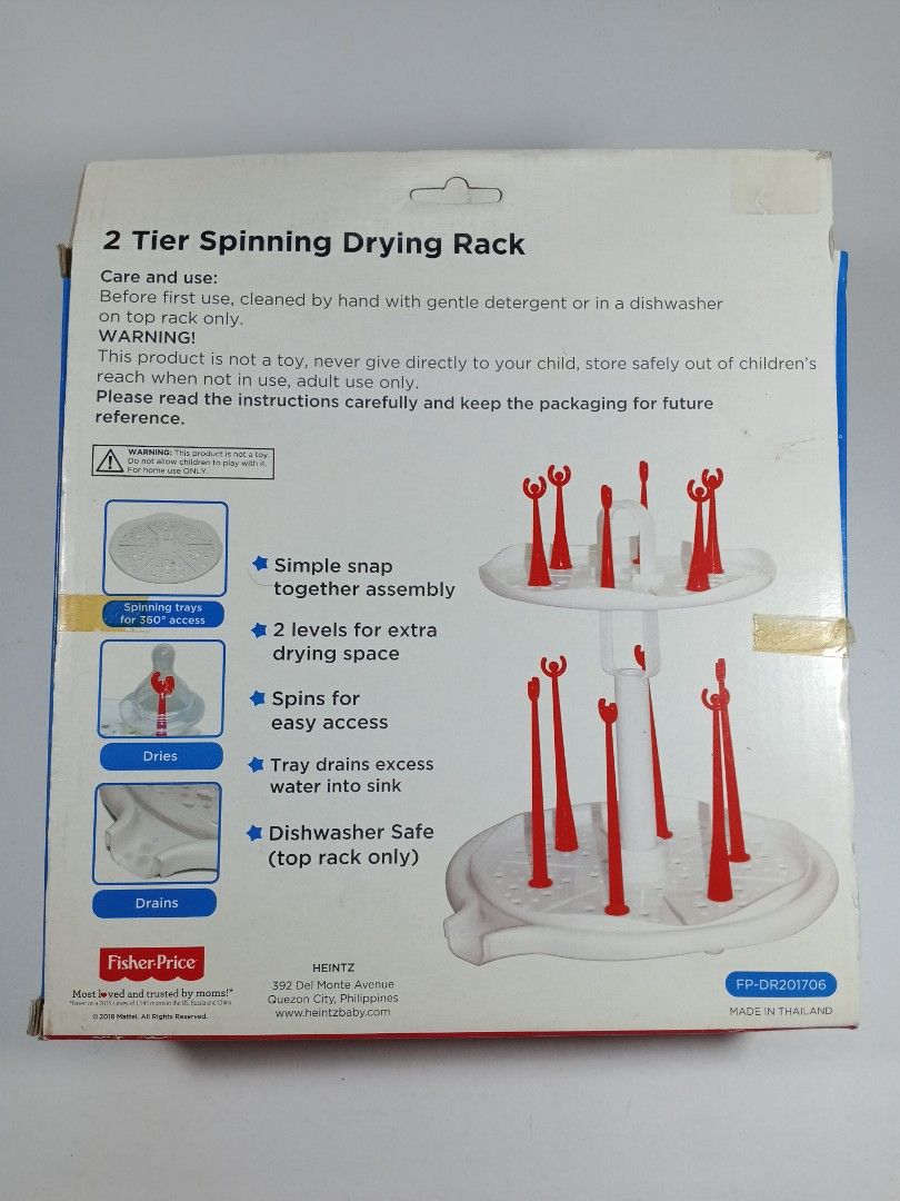 Fisher Price 2 tier spinning drying rack (Category: Breastfeeding & Bottle Feeding) located in Pasig City. Submitted by game.breaker666 (Listing ID 1441091132, Image 2). Description: Fisher Price 2 tier spinning drying rack for baby bottles ✅ Guaranteed authentic/ legit 💯 ✅ Condition: used/ good condition ( missing 2 small red hooks) ✅ All pictures posted are actual photos of the item being sold. Will not entertain buyers asking for "actual phot