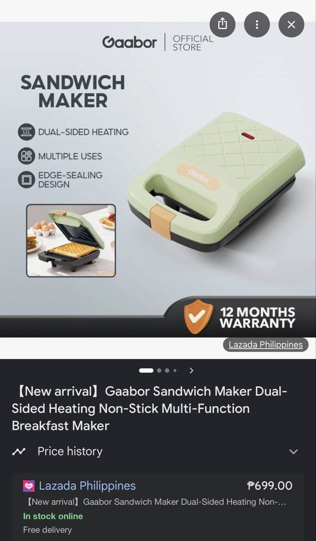 Gaabor Sandwich Maker (Category: Cookware & Accessories) located in Taguig. Submitted by onlyrovzky (Listing ID 1441011486, Image 3). Description: Brand New 1pc Onhand Original Price (Laz): ₱699 MOP: GCash / BDO Location: Taguig City Rated Power: Approx. 500W Heating Method: Dual-sided constant heating Plate Type: Non-stick coated grill plates Replay Usage: Home breakfast & light meal preparation.