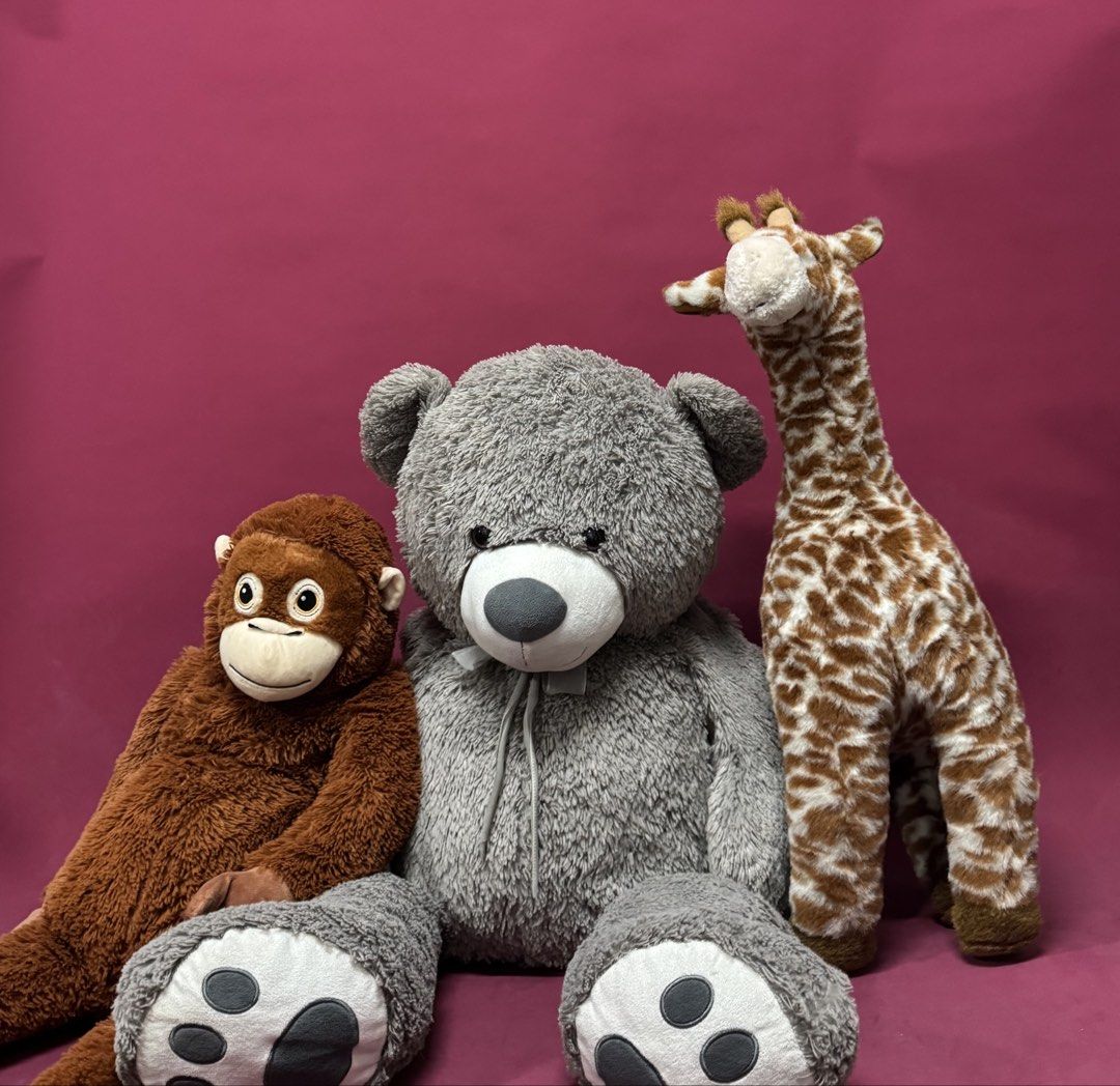 Giant Teddy Bear, Monkey, and Giraffe Plush Toys Studio Props (Category: Plushies & Soft Toys) located in Imus. Submitted by clengpotph (Listing ID 1441082710, Image 2). Description: - Set of 3 large plush toys - Includes: Giant grey teddy bear, brown monkey, spotted giraffe - Very huggable and soft - Ideal for children's rooms or as a fun decoration *** Used for studio props only *** these are big stuffed animals -giraffe can stand (hard feet) -